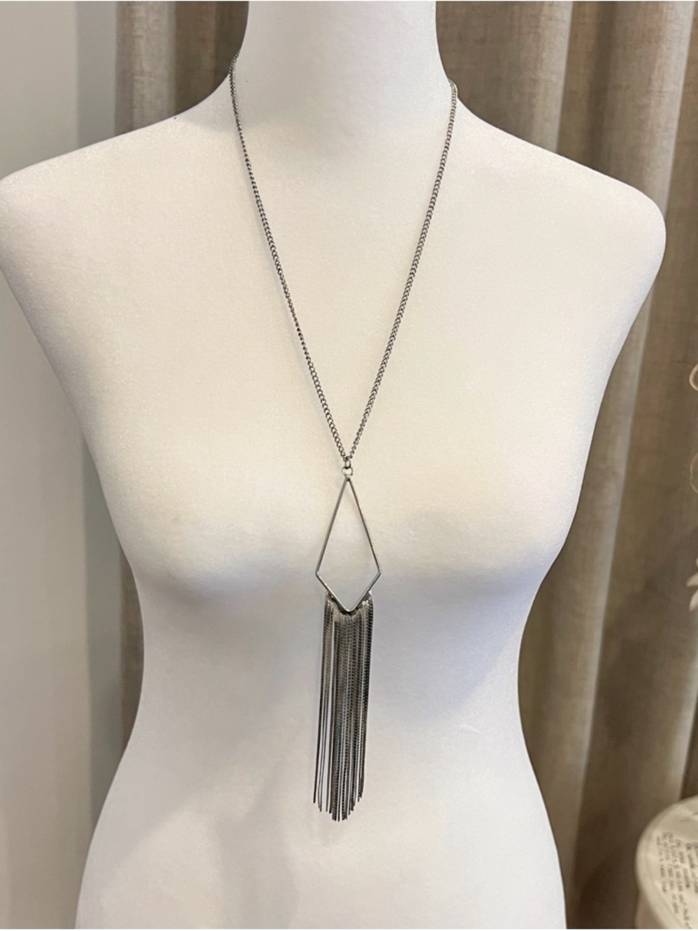 Silver Geometric Fringe Long Necklace - Women's Jewelry